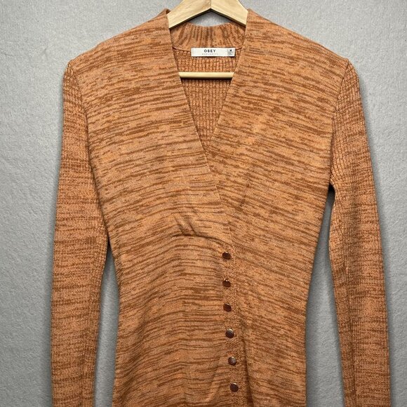 Obey Womens Long Sleeve Knit Cardigan Dress M V-Neck Button Front Rust Pink - Picture 2 of 9
